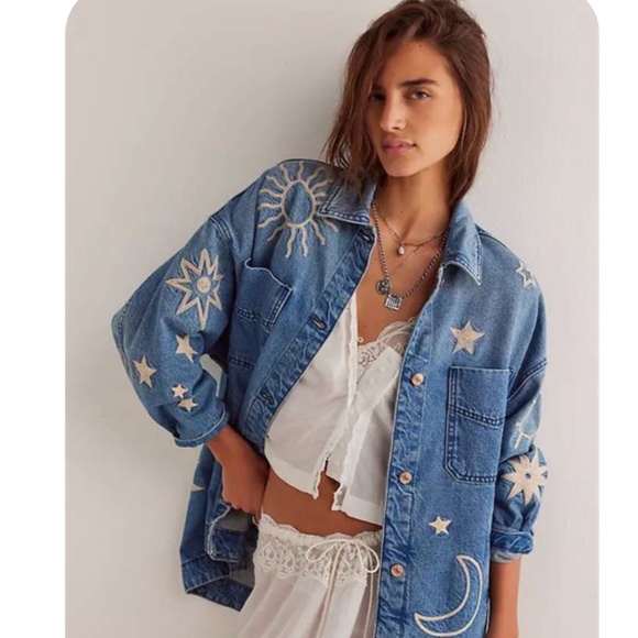 Free People Madison City STARS MOON SUN denim jacket XS NWT - Picture 1 of 4